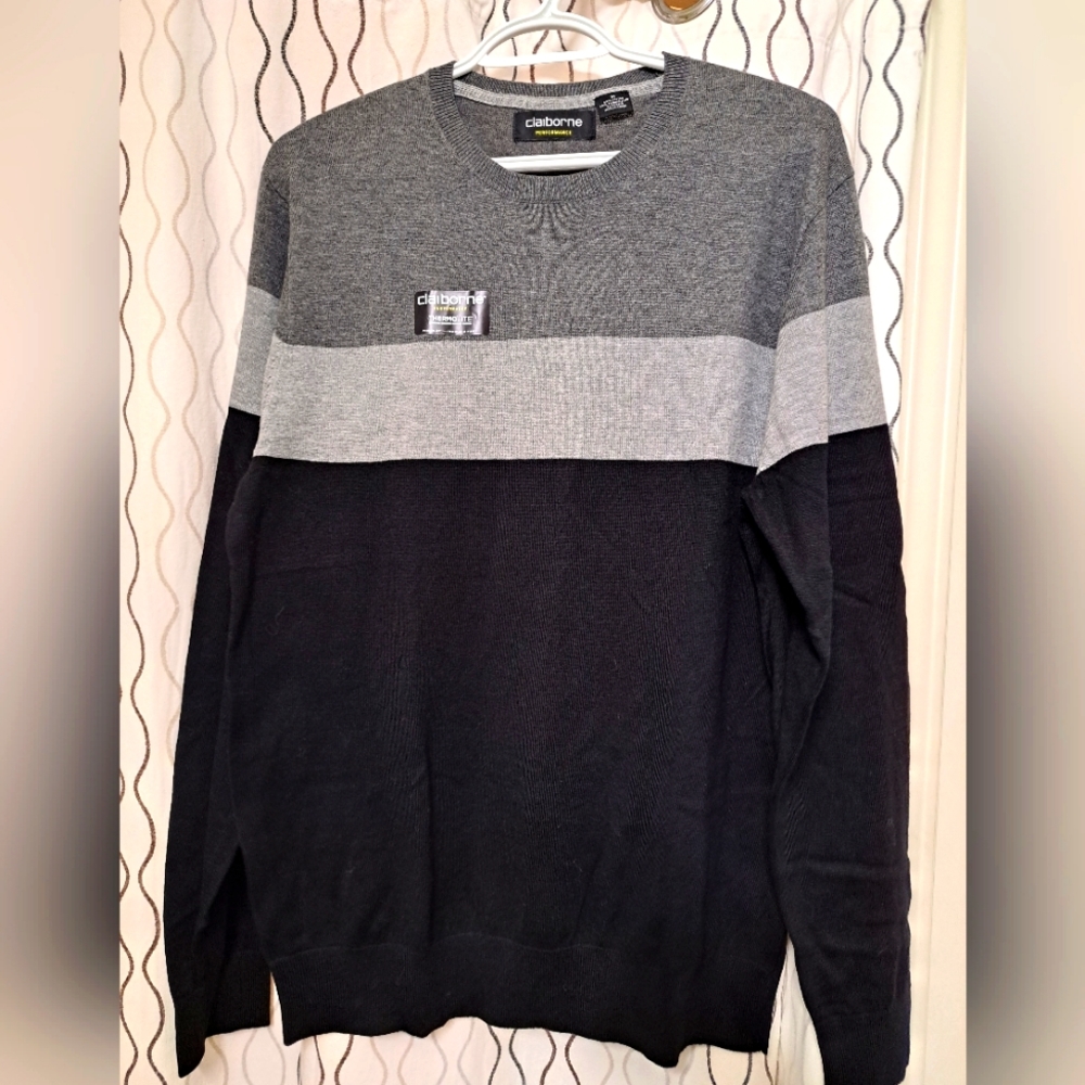 Claiborne Sweater Mens Medium Black Grey Colorblock Performance Pullover